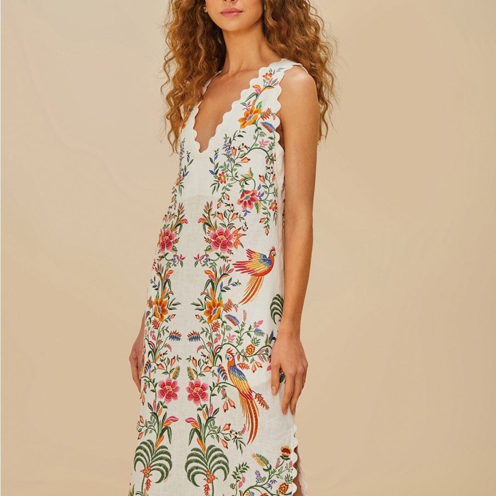 FARM Rio Off-White Delicate Forest Euroflax™ Premium Linen Maxi Dress